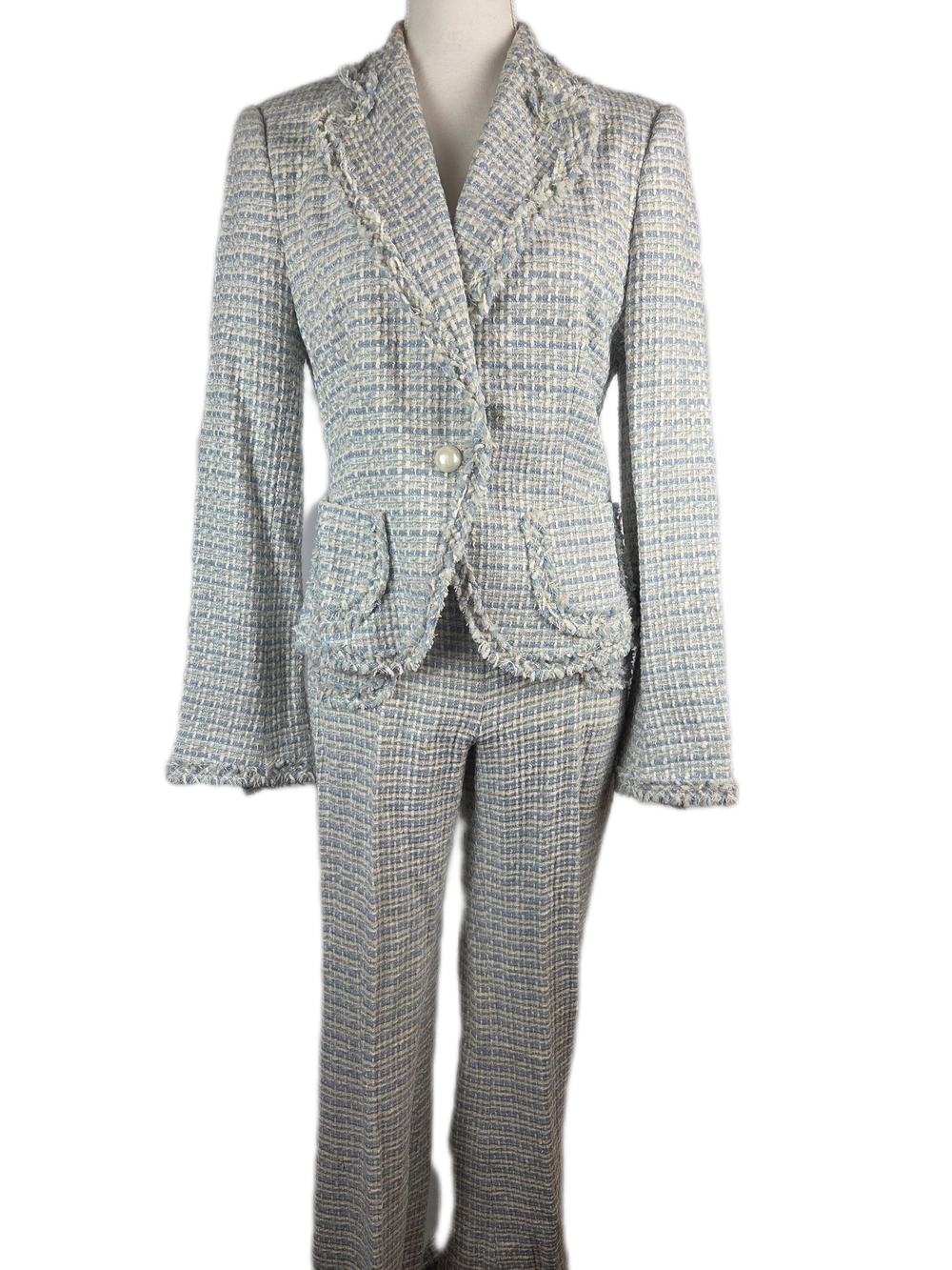 Zara Basic Blue & White Tweed 2-Piece Pant Suit Set